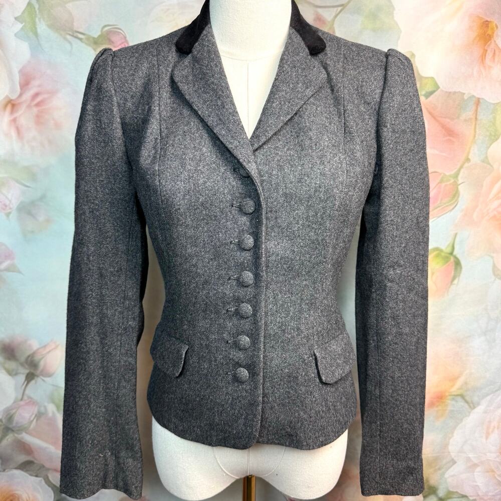 Vintage Hunters Run Grey Wool Button Up Victorian Style Blazer Jacket